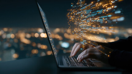 A person types on a laptop, with colorful data streams emerging from the screen, symbolizing information flow and digital innovation against a city backdrop.