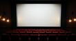 ©  Yassine DS - Cinematic View of Empty Auditorium with Red Seats and Bright White Projection Screen for Movie Teaser Background and Film Industry Commercial Template