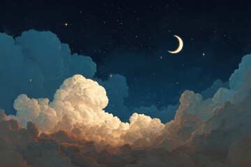 celestial dreams: a crescent moon and stars amidst cumulonimbus clouds in a cosmic night sky