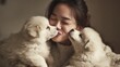 © Serhii - Joyful Moments: Korean Woman Cherishes Bond with Playful Puppies, Embracing Warmth and Happiness Indoors