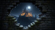 © Muhammad - Castle illuminated by moonlight seen through a hole in an old stone brick wall at night time ai generated