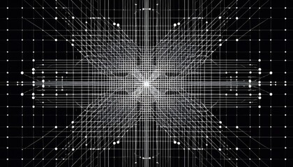 white dots and dashes arranged in a grid pattern with intersecting lines on a black background forming a square