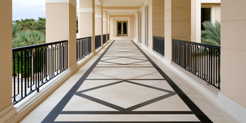 Wide corridor with black railings and geometric patterned floor extending into the distance. Architectural symmetry perspective, clean lines