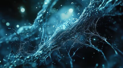 Dynamic water splash forming a complex, web-like structure, illuminated by glowing particles in a dark environment