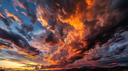 Wall Mural - breathtaking sunset sky filled with vibrant orange, purple, and blue clouds, creating dramatic and c