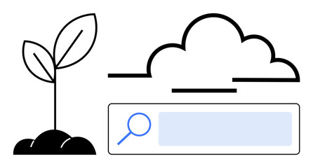 sprouting plant beside cloud and search bar illustrates growth, digital tools, and sustainability. i