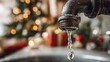 © Nika - Rusty water faucet dripping with warm festive lights softly blurred in the background