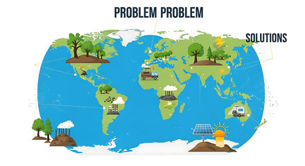  Illustrated world map showing environmental problems and solutions with trees and solar panels