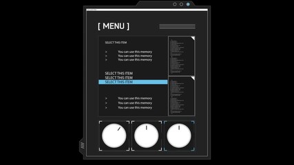A computer screen displays a video game menu with multiple Select This Item options and three circular buttons. The buttons appear to be controls within the game