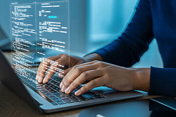 Programmer coding software developer typing on laptop computer with digital code overlay technology