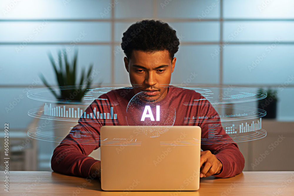 Man using ai technology on laptop for data analysis and machine ...