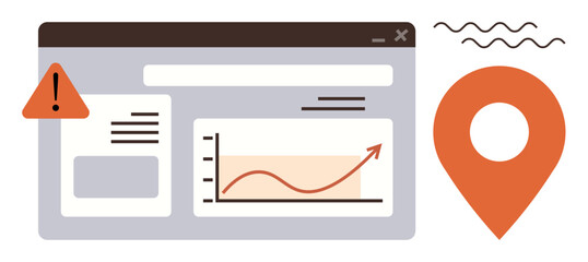 Browser window with growth chart and alert sign beside large location pin. Ideal for navigation, analytics, monitoring, business growth, data visualization, security, marketing. Simple flat metaphor