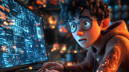 Young coder engrossed in digital world facing computer screen with digital codes