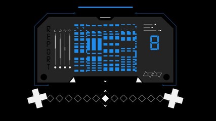 A digital interface with a blue grid display, text that reads REPORT, and white navigation buttons