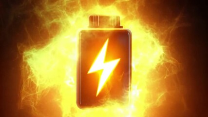 Wall Mural - bright electric energy symbol on battery surrounded by glowing flames and light effects 4k video foo