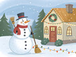 © ISRAT - Cheerful snowman with broom stands near a decorated house with Christmas lights and wreath in snowy weather
