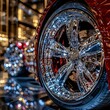© Momoy Std - Close-up of a highly polished, multi-spoke wheel on a red car.  Blurred background shows other wheels and interior space