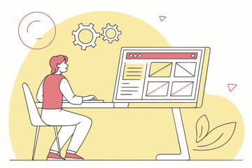 person working on computer with gears and website layout on screen