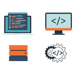 Illustration showing a laptop with code, a monitor with code symbols, a server, and gears with code symbols, representing software development.