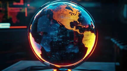 Wall Mural - Glowing red and blue digital globe displaying a world map on top of a dark surface, possibly in a control room or cybernetic environment.