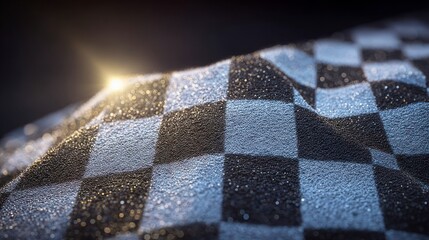 Textured checkered fabric with light glinting off water droplets and bokeh