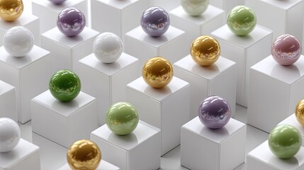 Geometric pattern of spheres on white cubes