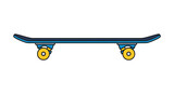Flat illustration of a skateboard with blue deck and yellow wheels on a white background