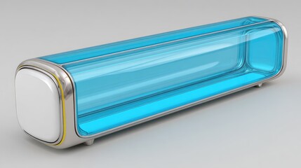Futuristic, light-blue glass display case