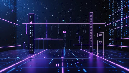 Futuristic Digital Landscape with Glowing Lines and Binary Code in Purple and Blue