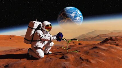 Astronaut discovers vibrant blue flower on Mars, Earth looms above