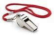 © UMAIR - Shiny metal whistle with a red lanyard on a clean white surface