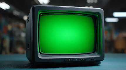 retro television with green screen: a classic, vintage television set, its screen glowing a vibrant 