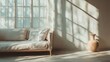 © epices - Empty Linen Sofa by Large Window with Morning Light, Single Ceramic Vase on Floor in Pale Peach and Misty Blue Tones