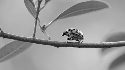 black and white macro shot of a ladybug on a tree branch