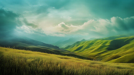 Wall Mural - green field and blue sky. field and clouds