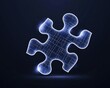 © Vera - A glowing, stylized jigsaw puzzle piece against a deep blue background. The piece is rendered with a wireframe texture, giving it a futuristic, digital aesthetic with light around the edges