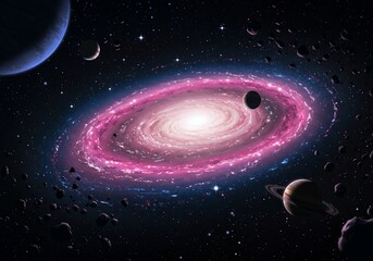 Wall Mural - Cosmic landscape with a bright, pink and purple galaxy and floating planets and asteroids