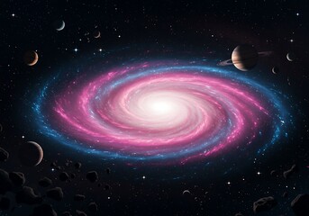 Wall Mural - Cosmic landscape with a bright, pink and purple galaxy and floating planets and asteroids