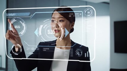 Wall Mural - professional business environment featuring a modern executive working with a floating holographic d