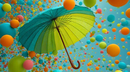 Bright B shape in aqua and lime beneath a large umbrella, colorful floating circles around