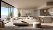© Intach - Elegant minimalist open plan interior with spacious living room, integrated kitchen, textured island base, cozy dining space, warm natural tones