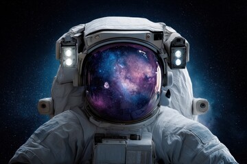 Wall Mural - astronaut floating in the depths of space with a vibrant galaxy reflecting in the helmet, surrounded