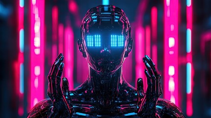 A futuristic robot with glowing blue light-emitting diodes.