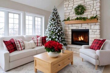 Wall Mural - cozy christmas living room with fireplace, flocked christmas tree and poinsettia