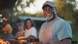 © Zamin - A veteran flipping burgers at a cookout, with family enjoying the background, creating a warm, nostalgic scene, 8k, realistic