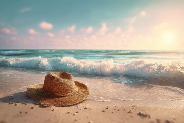 Wall Mural - Soft sand embraces a straw hat left behind on the beach as waves gently crash under a colorful sunset sky