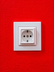 Wall Mural - of a recessed European socket on a red wall, with flat background and crisp white edges for visual contrast recessed European socket red wall background contrast white edge primary color clean 