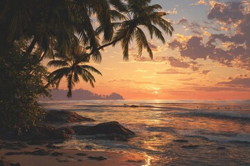 Wall Mural - Stunning sunset over a tropical beach with palm trees, waves gently lapping at the shore, creating a serene coastal atmosphere perfect for relaxation and reflection