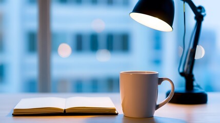 A developer's workstation with an empty notebook and coffee mug under soft desk lamp lighting.