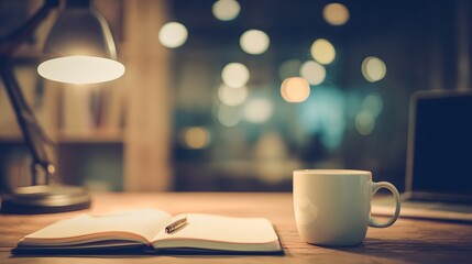 A developer's workstation with an empty notebook and coffee mug under soft desk lamp lighting.